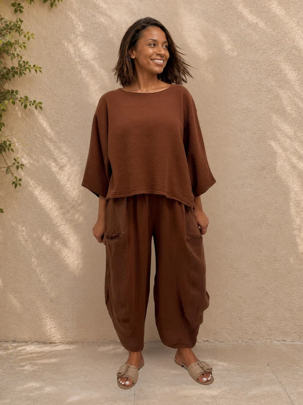 Women's Plum Linen Cotton 3/4 Sleeve Top & Balloon Wide Leg Pants Two Piece Set