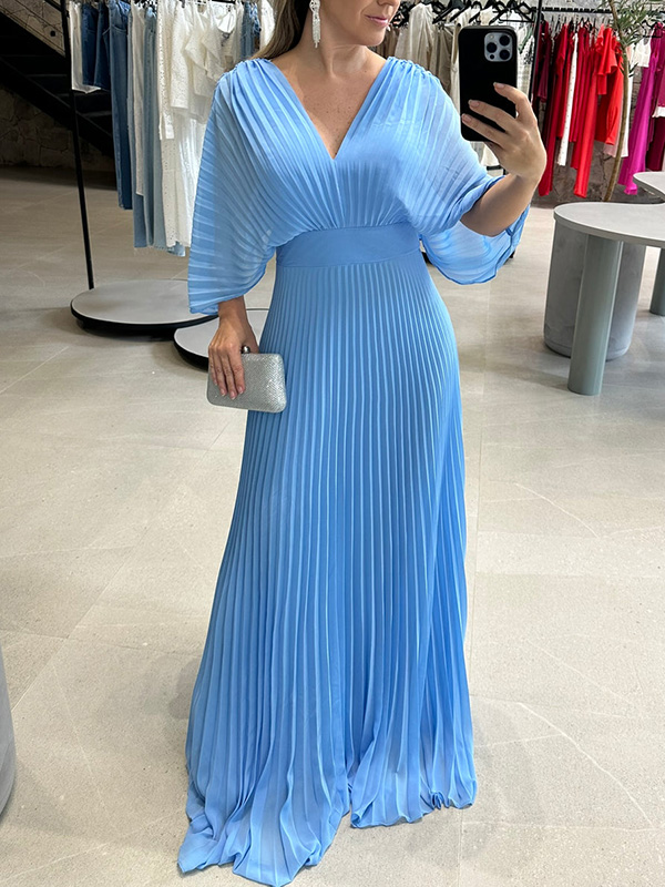 NEW🔥 V Neck Chiffon Back Tie Zipper Bat Sleeve Dress- Tax Free