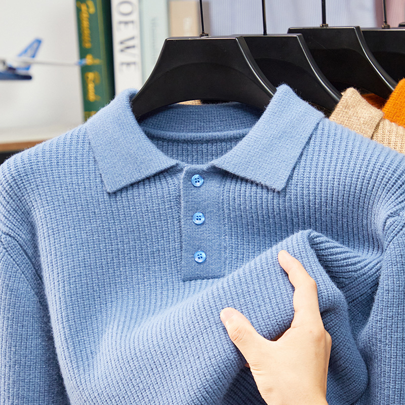 2025 Men's Autumn and Winter Cashmere Ribbed Knit Polo Sweater