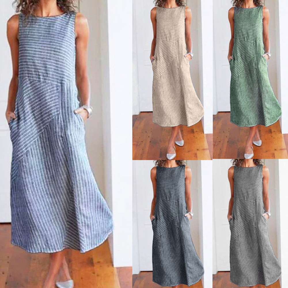 Cotton Linen Striped Sleeveless Dress