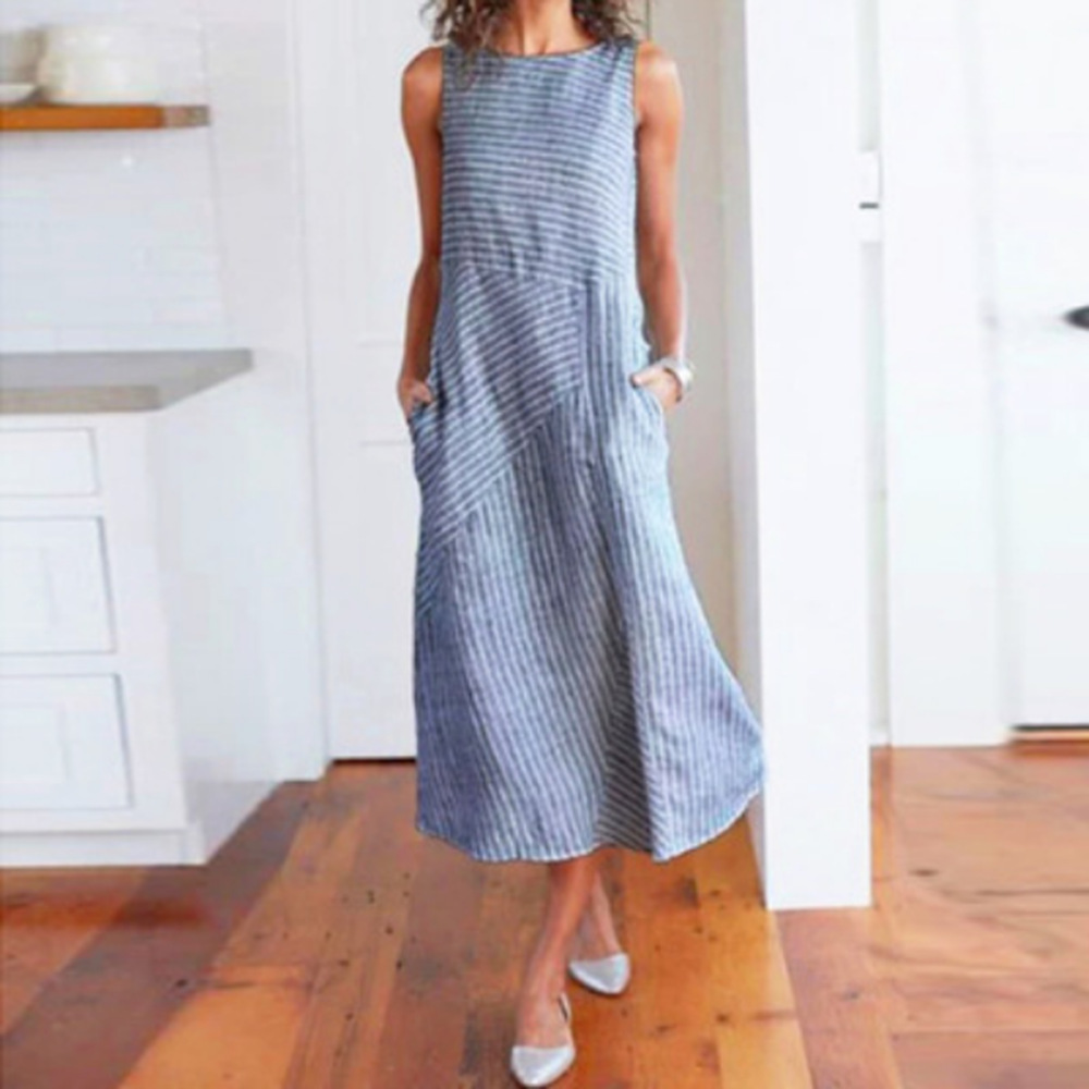 Cotton Linen Striped Sleeveless Dress