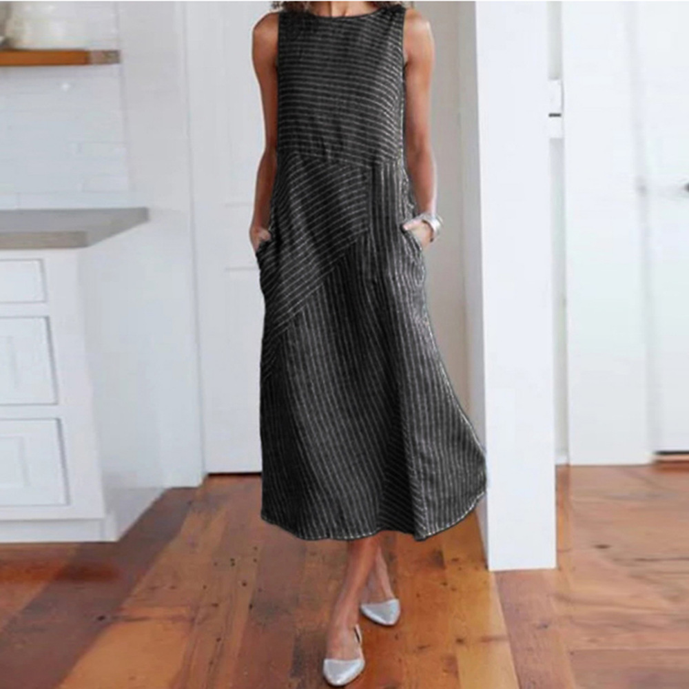 Cotton Linen Striped Sleeveless Dress