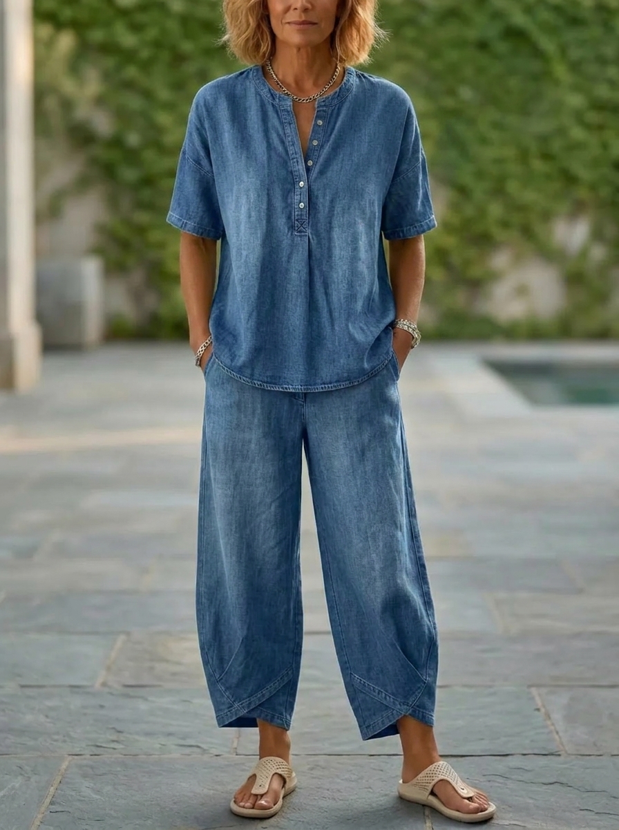 Today 49% off🔥Women’s Denim Henley Top & Wide Leg Pants Set
