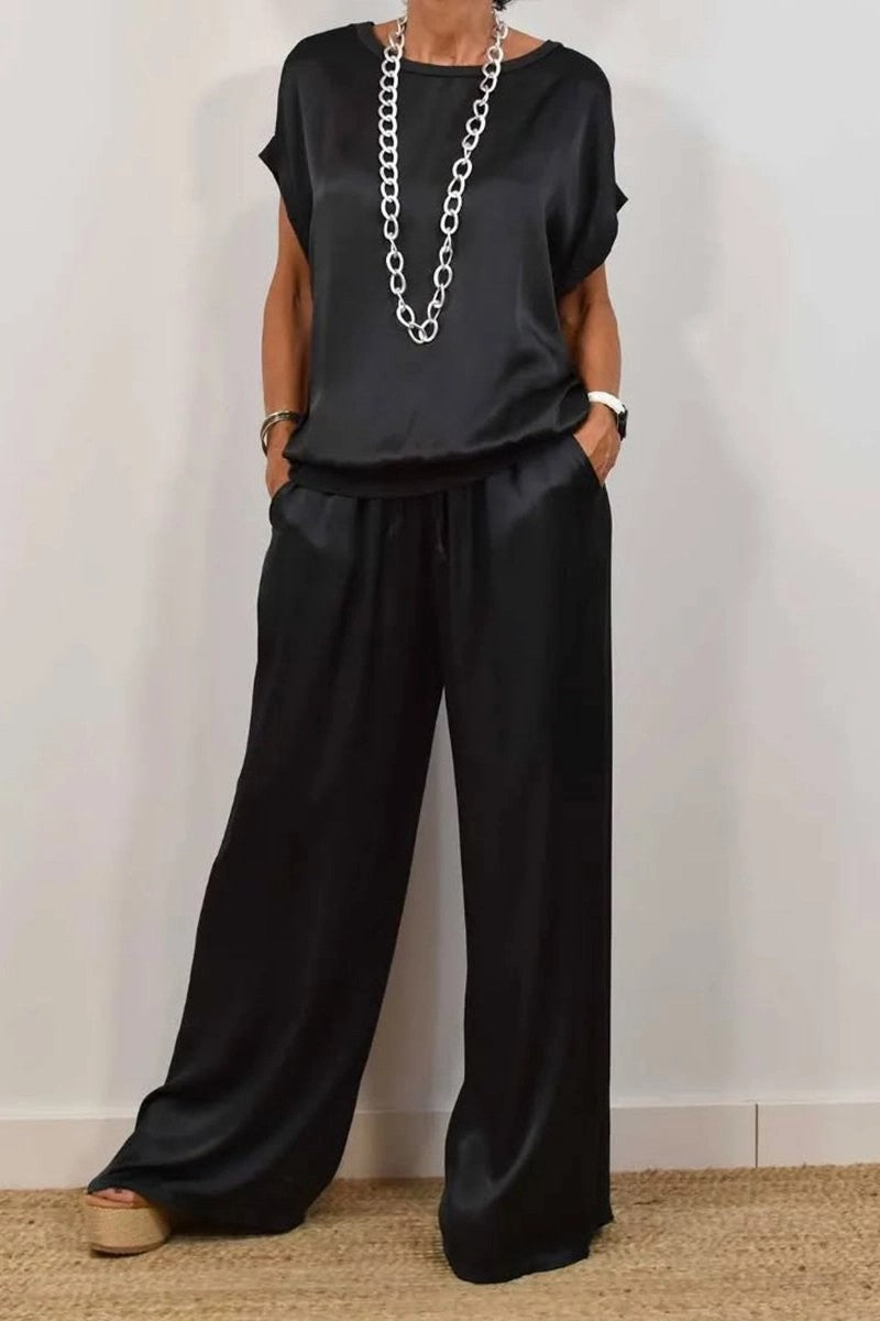 Women's Solid-Color Satin Casual Set: Short-Sleeve Top & Long Pants