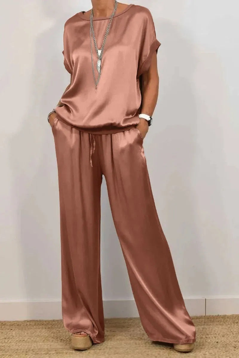 Women's Solid-Color Satin Casual Set: Short-Sleeve Top & Long Pants