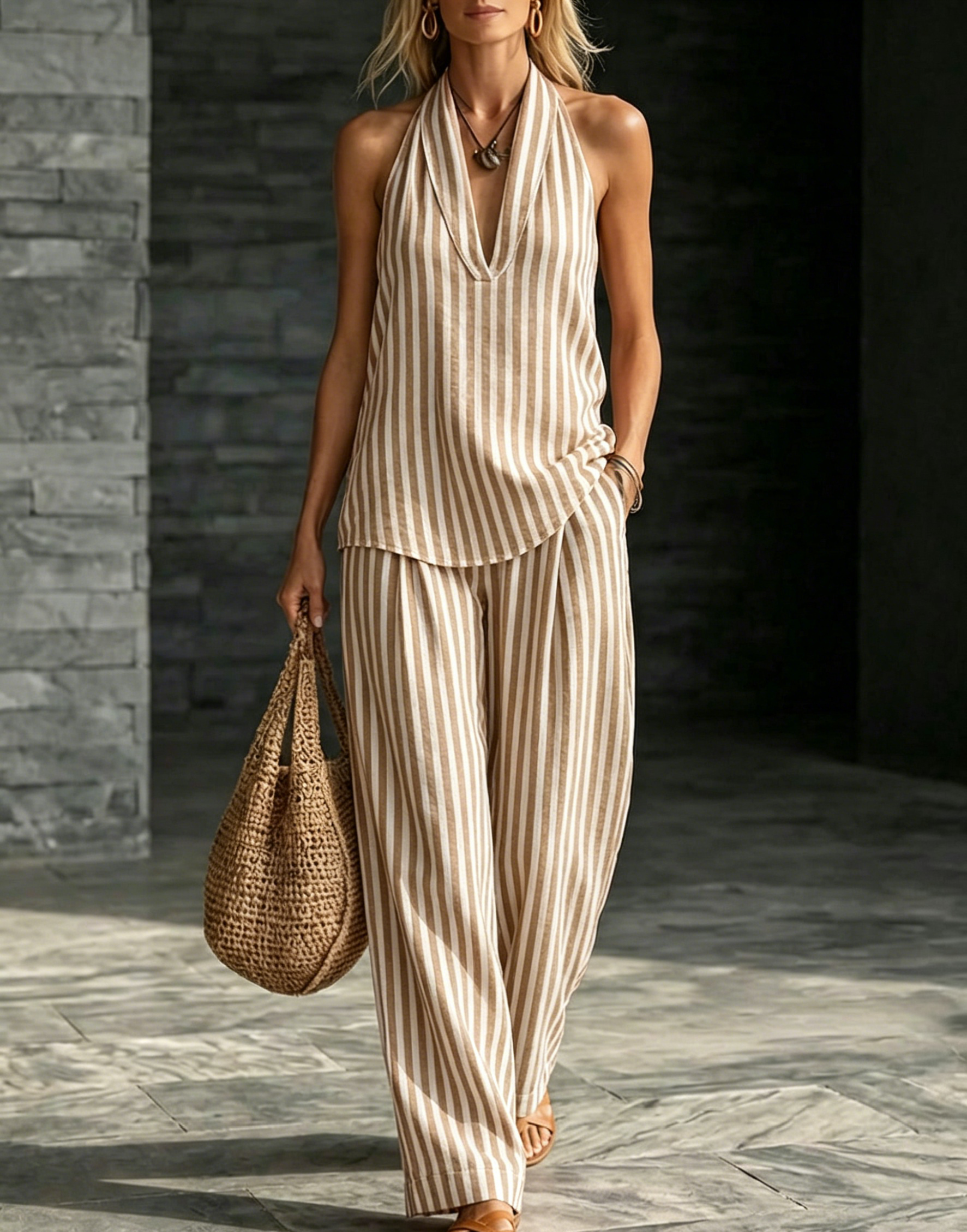 New Arrivals🔥Cozy Striped Cotton-linen Two-piece Set