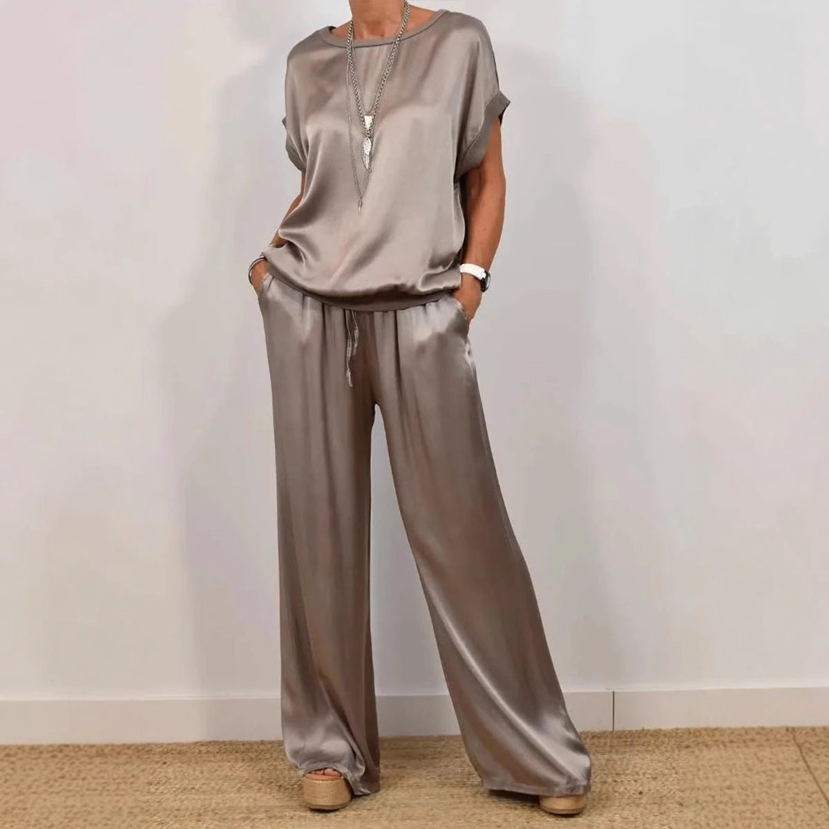 Women's Solid-Color Satin Casual Set: Short-Sleeve Top & Long Pants