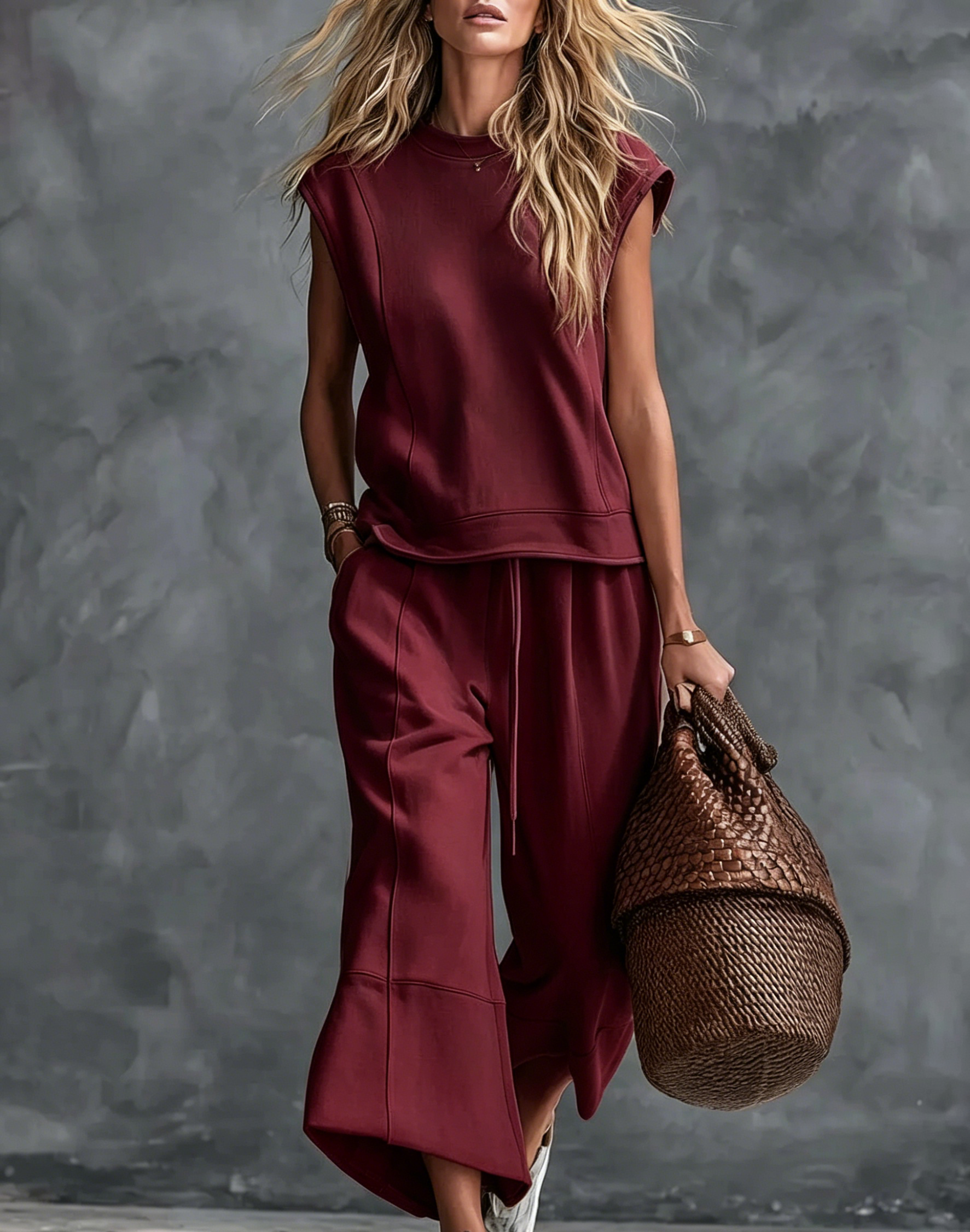 Retro-Casual Cotton Crew-Neck Top And Cropped Pants Set