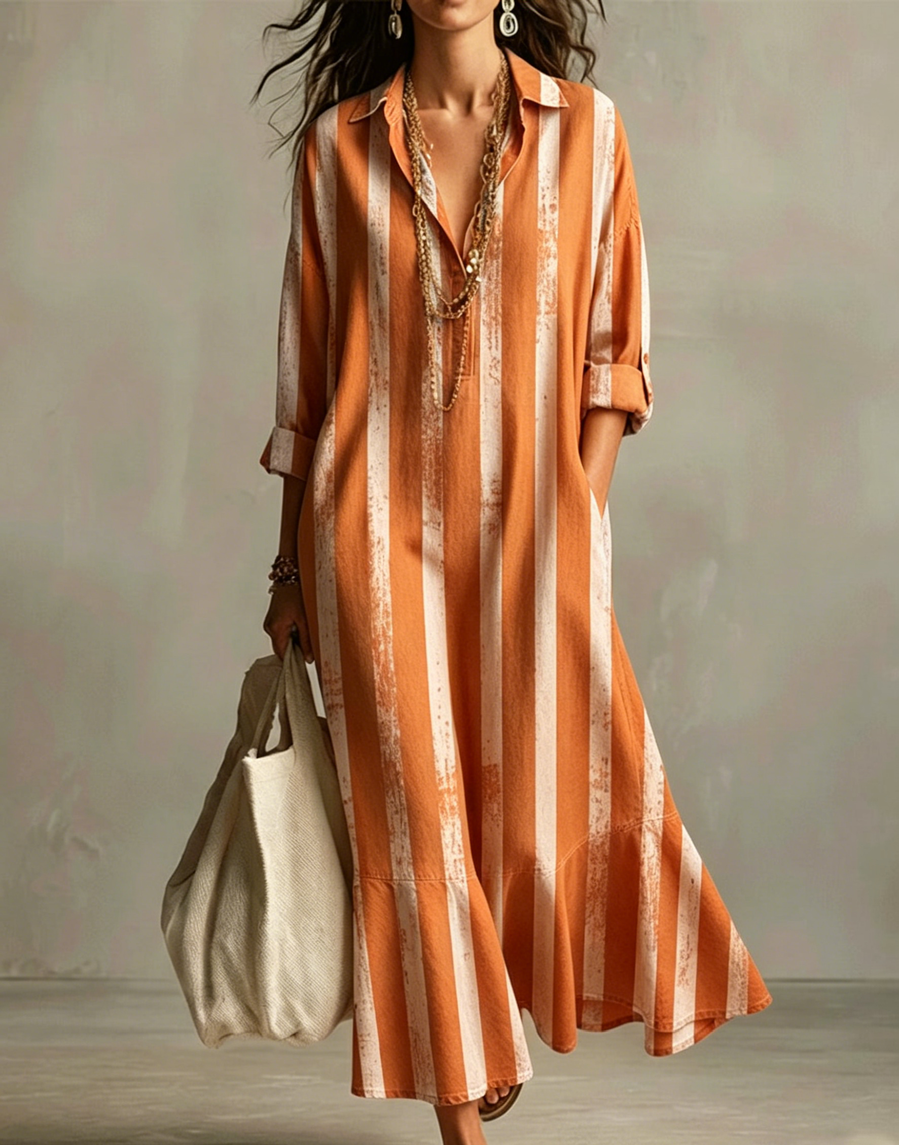 Retro Striped Ruffled Hem Dress