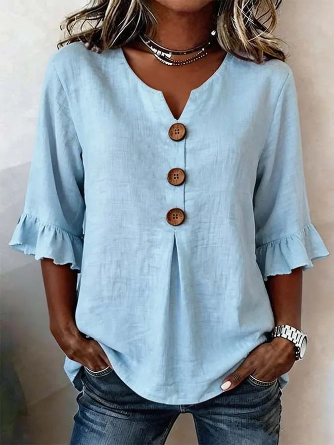 Linen Blouse with Ruffle Sleeves