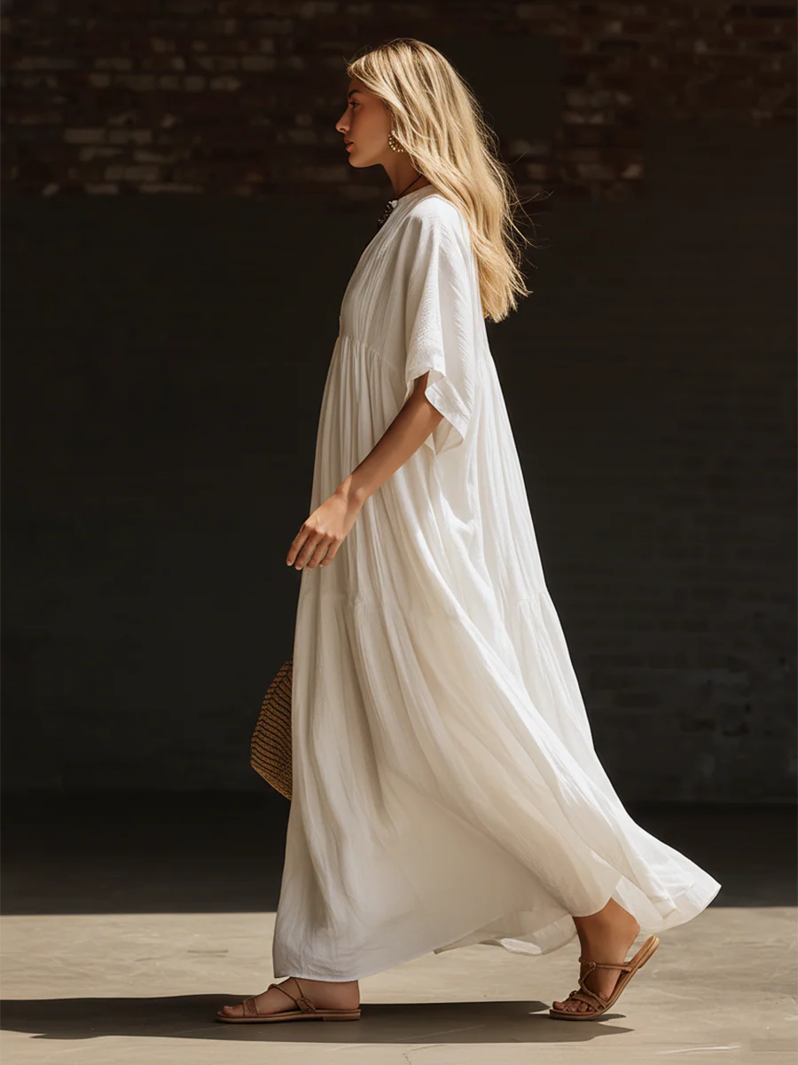 Cozy Vacation V-neck Loose Linen Cotton Maxi Dress