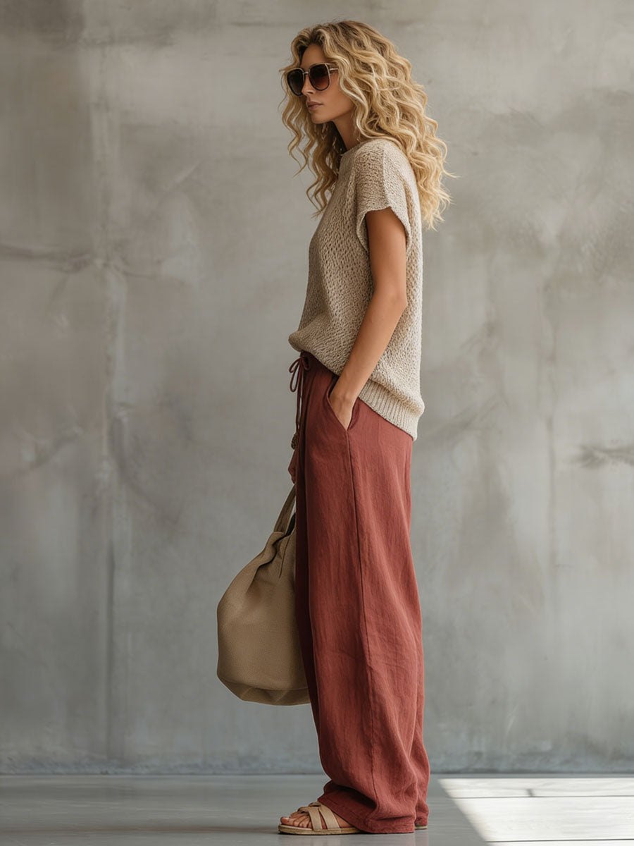 Retro Brick Red Cotton and Linen Wide-leg Pants