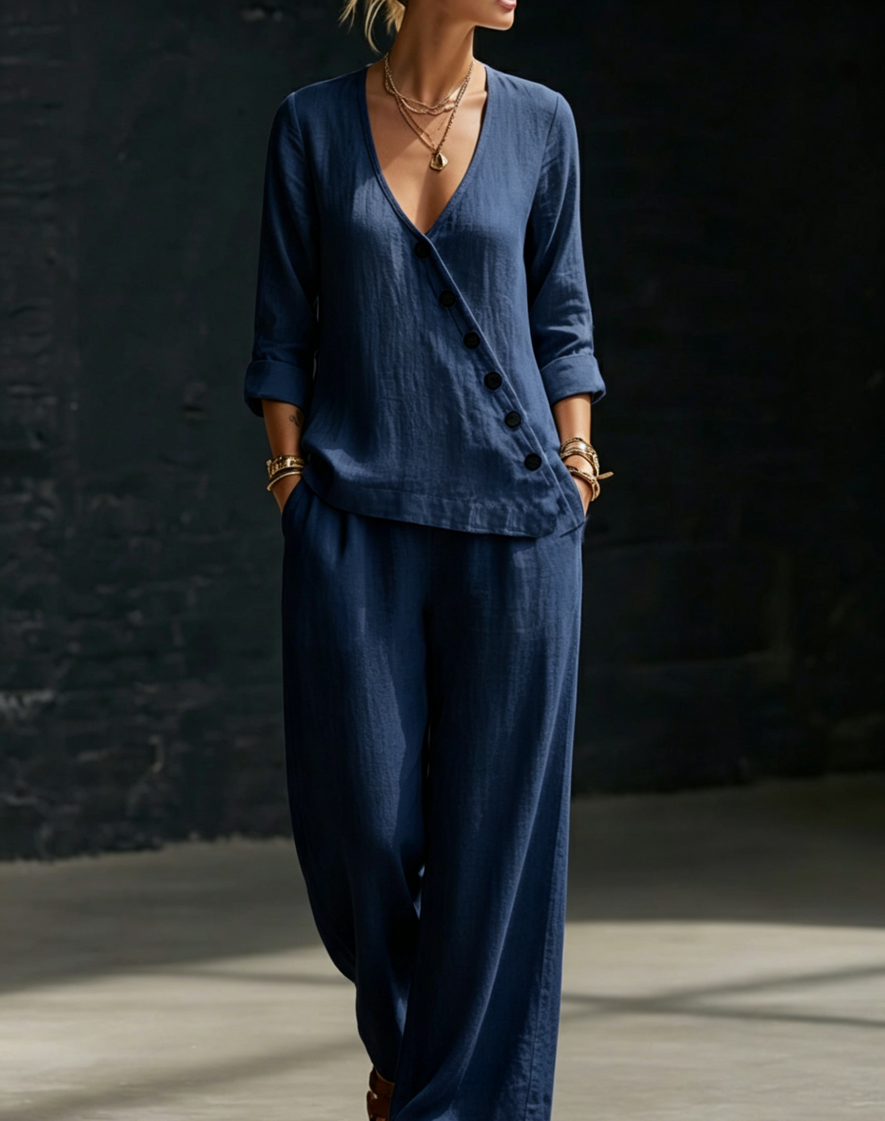 CLEARANCE SALE🔥 Minimalist V-neck Shirt And Wide-leg Pants Two-piece Set