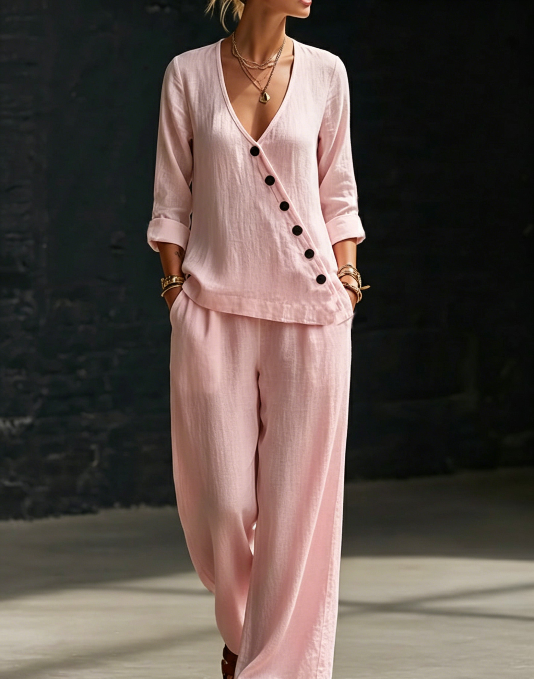 CLEARANCE SALE🔥 Minimalist V-neck Shirt And Wide-leg Pants Two-piece Set