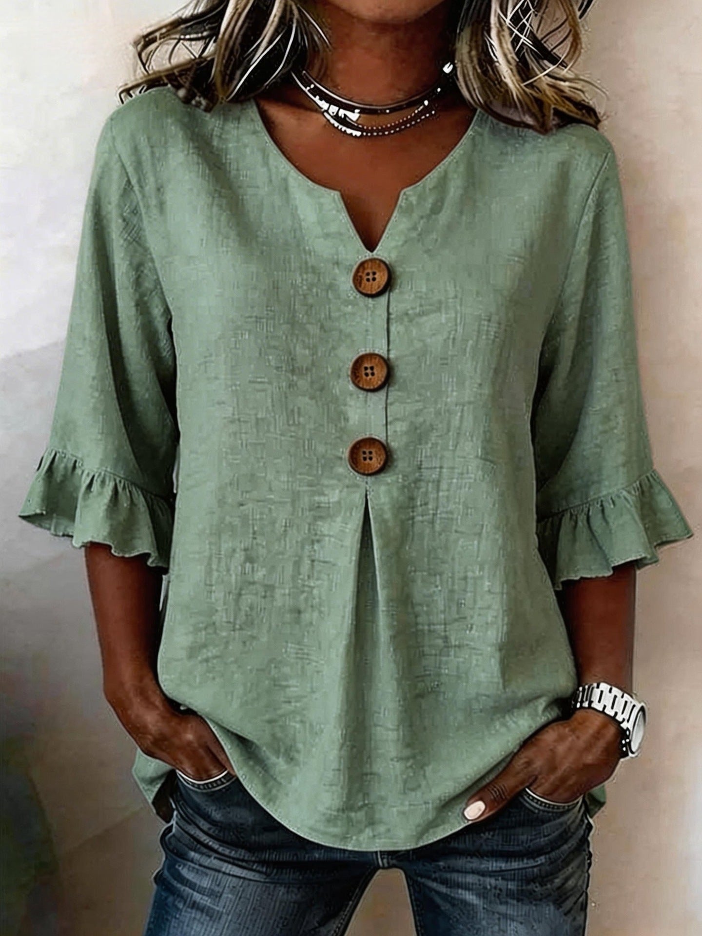 Linen Blouse with Ruffle Sleeves