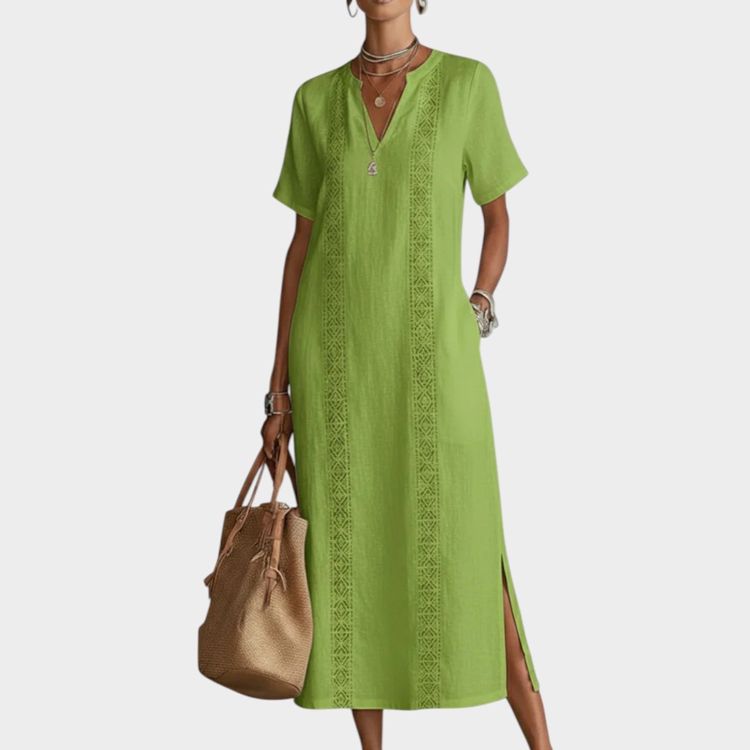 Embroidered V-Neck Midi Dress