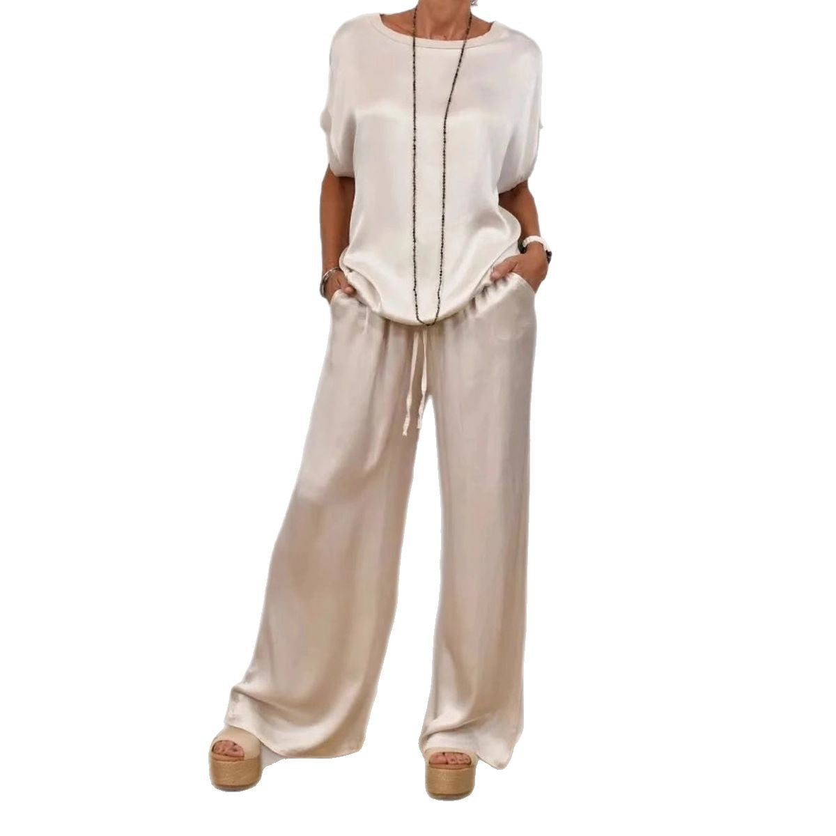 Women's Solid-Color Satin Casual Set: Short-Sleeve Top & Long Pants