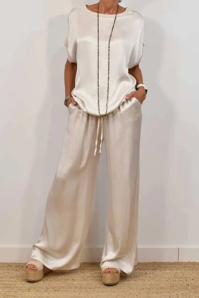 Women's Solid-Color Satin Casual Set: Short-Sleeve Top & Long Pants