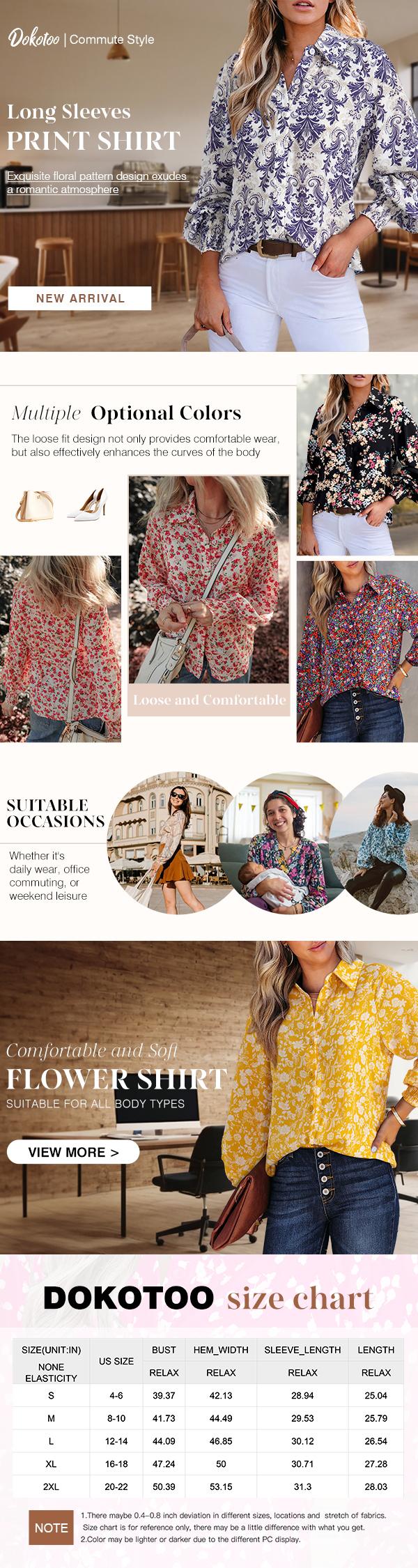 Dokotoo Women's Casual V Neck Allover Floral Print Long Sleeve Chiffon Button Down Blouses Bohemian Top Shirts