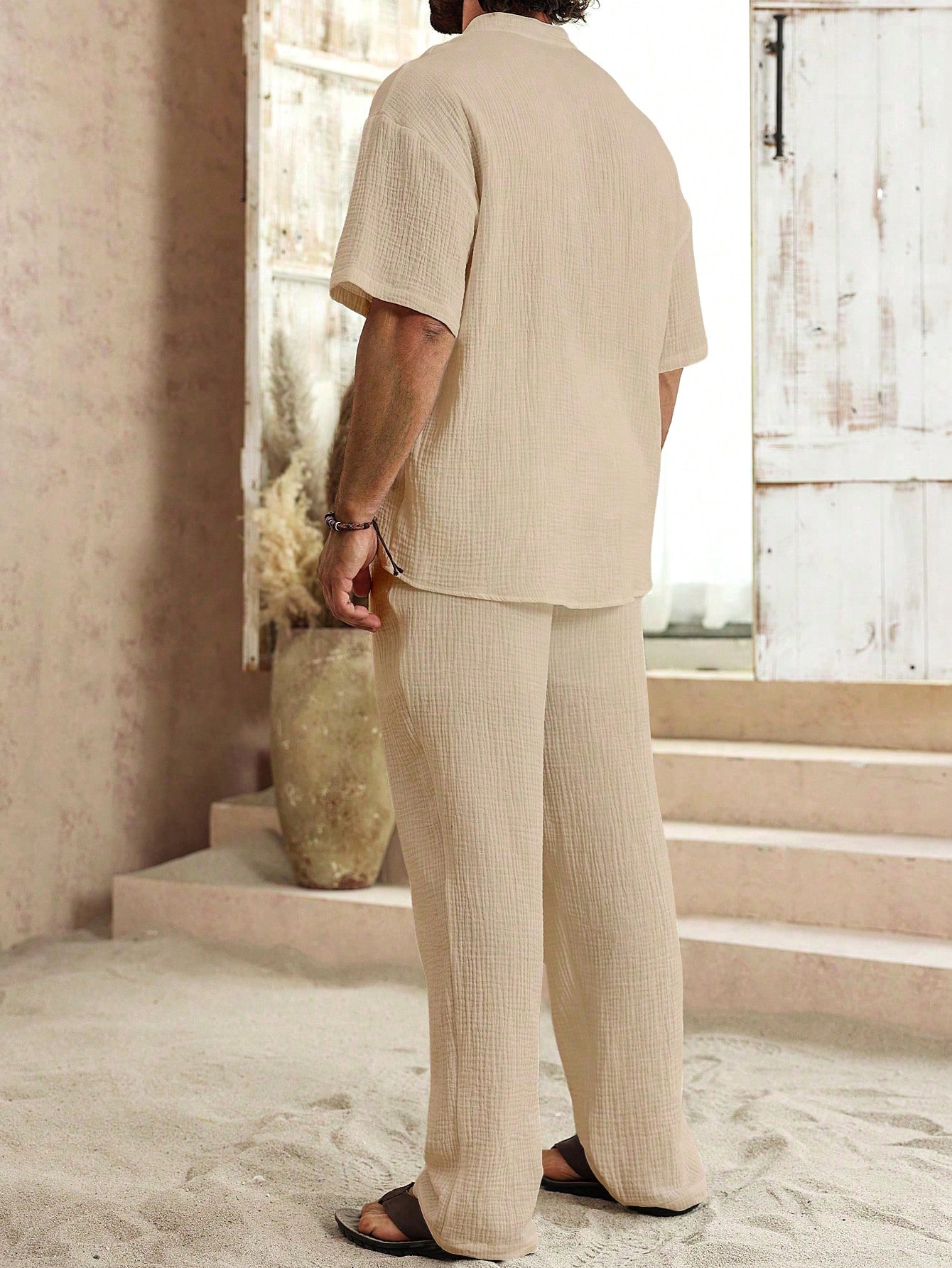 Men's Minimalist Vacation Style Cotton And Linen Set