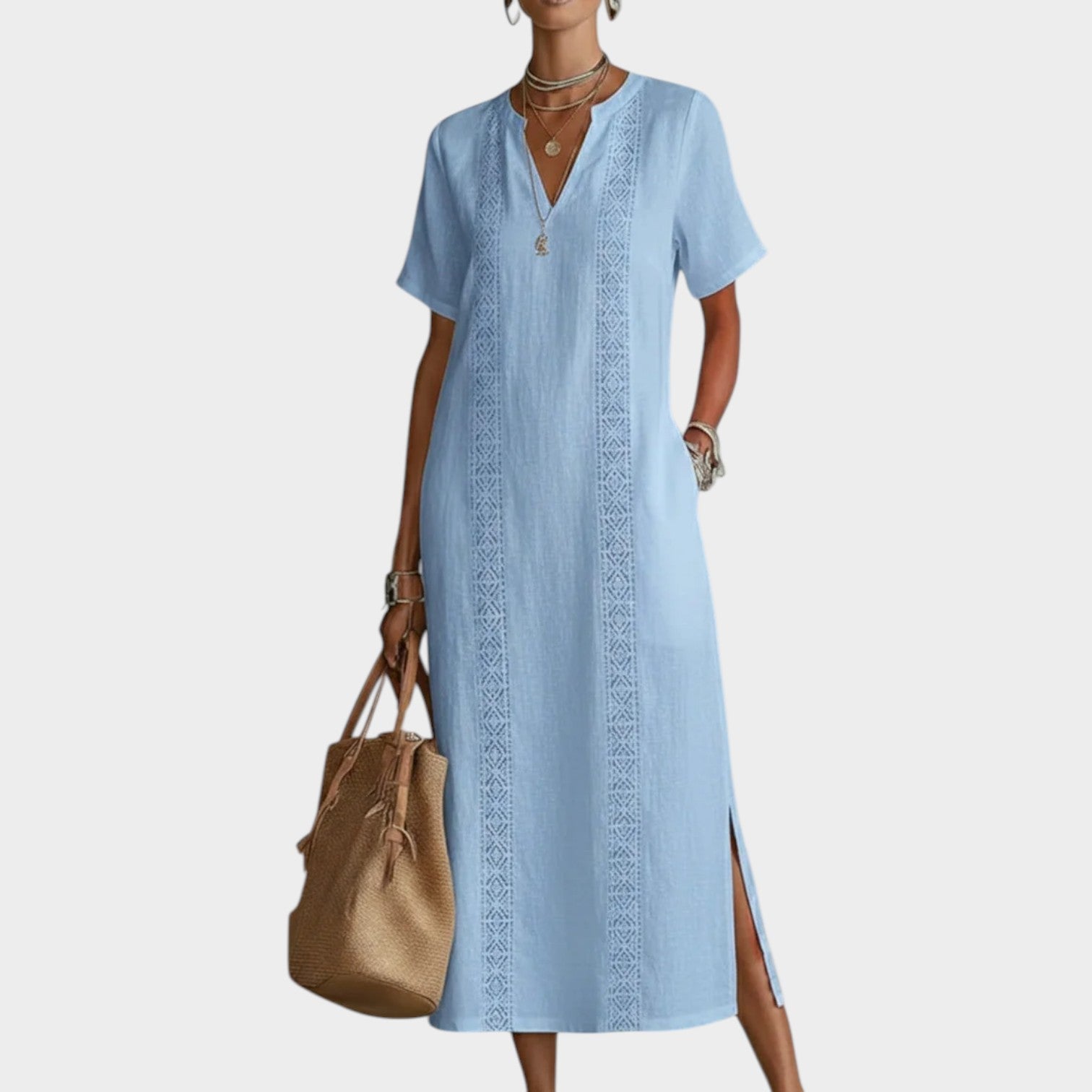 Embroidered V-Neck Midi Dress