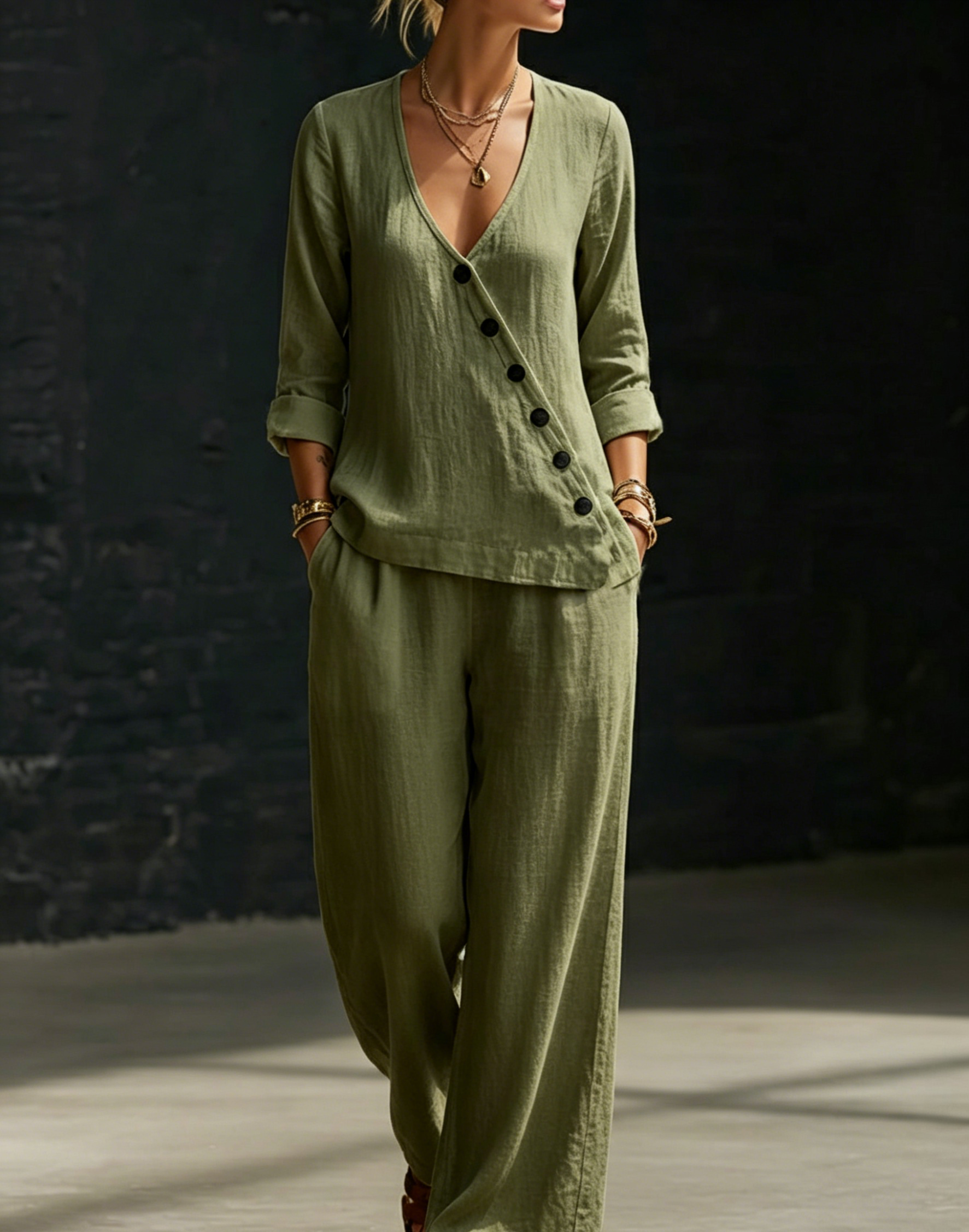CLEARANCE SALE🔥 Minimalist V-neck Shirt And Wide-leg Pants Two-piece Set