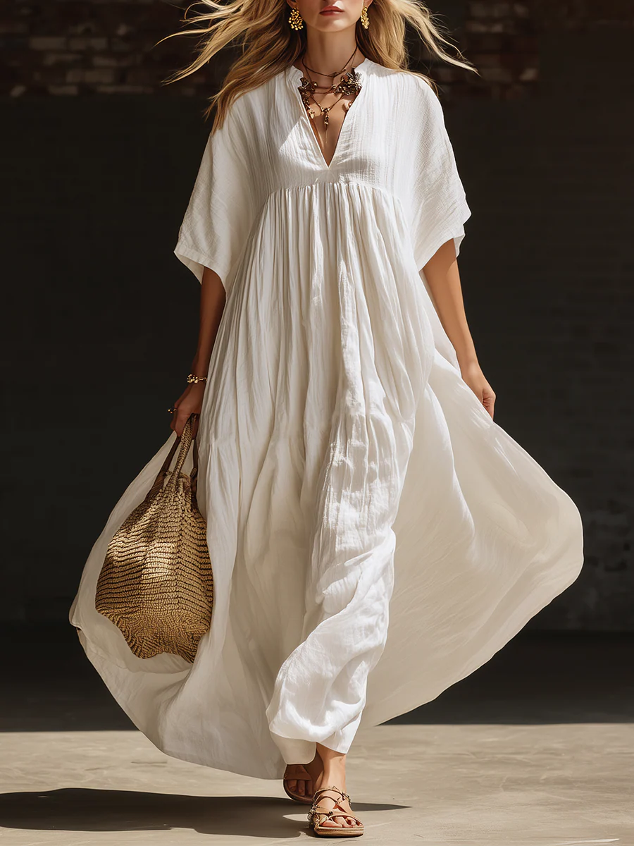 Cozy Vacation V-neck Loose Linen Cotton Maxi Dress