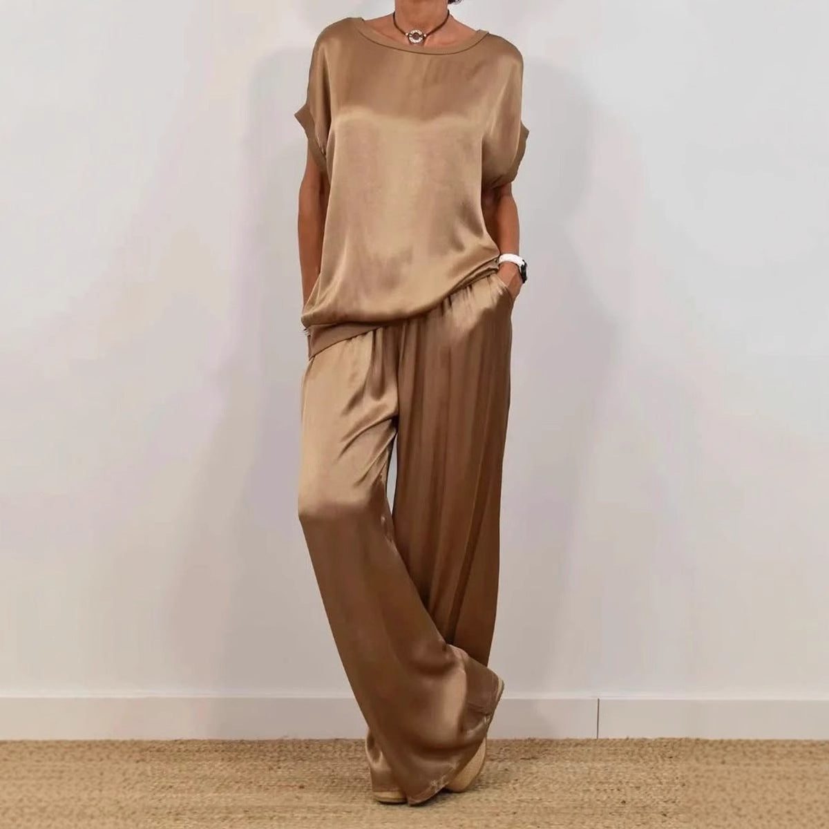 Women's Solid-Color Satin Casual Set: Short-Sleeve Top & Long Pants