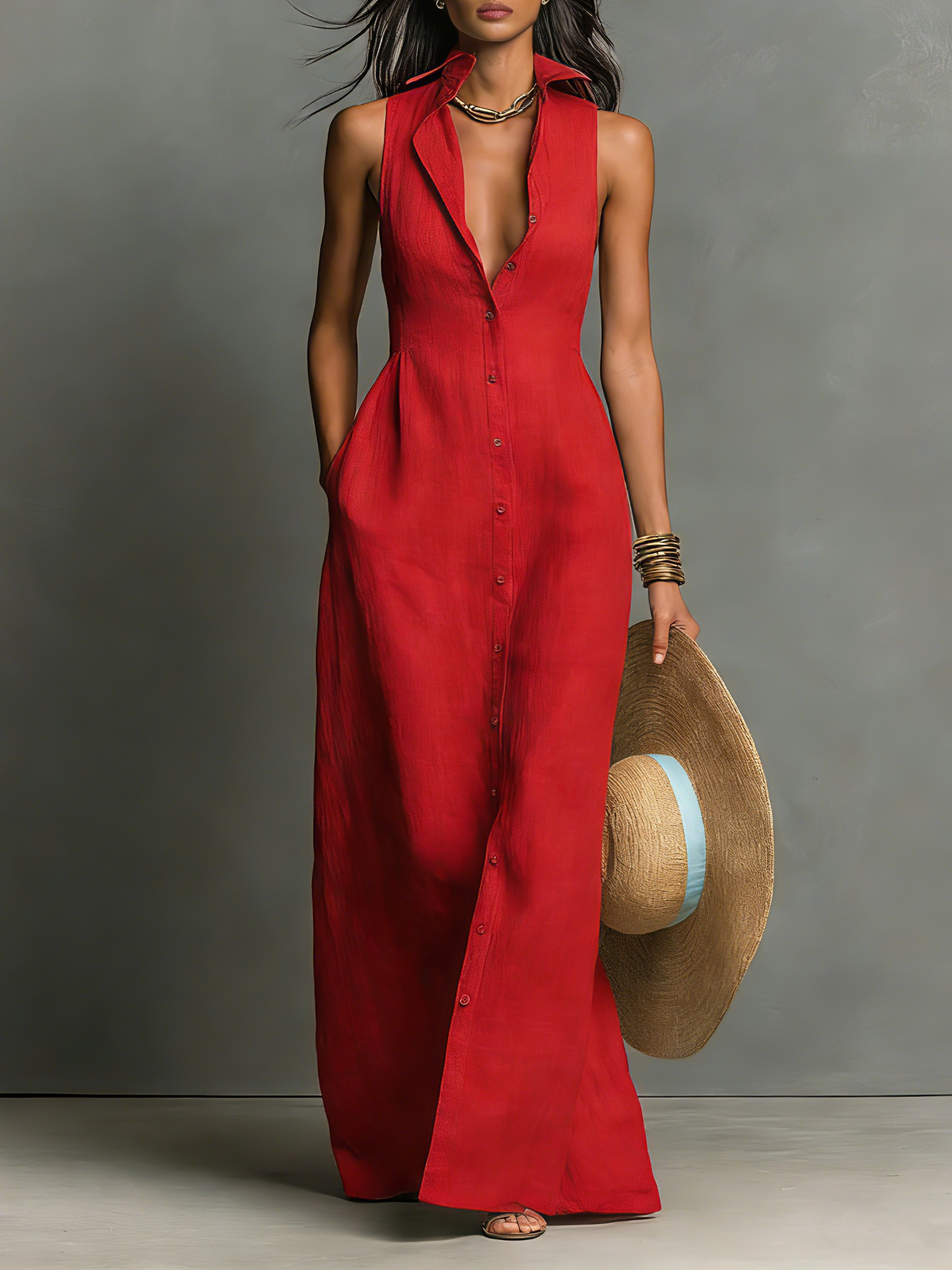 Women's Minimalist Linen-Blend Collared Single-Breasted Sleeveless Maxi Shirt Dress