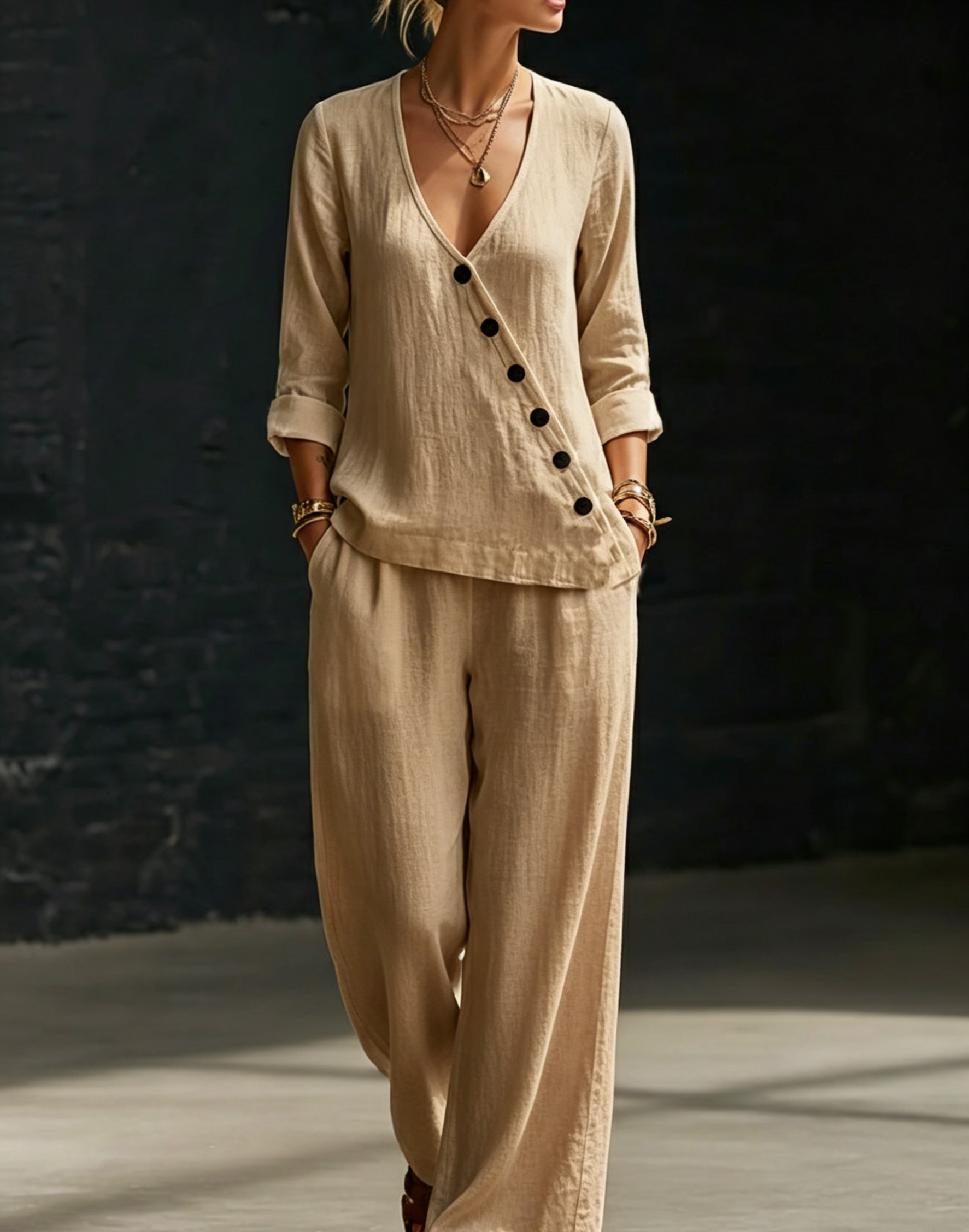 CLEARANCE SALE🔥 Minimalist V-neck Shirt And Wide-leg Pants Two-piece Set