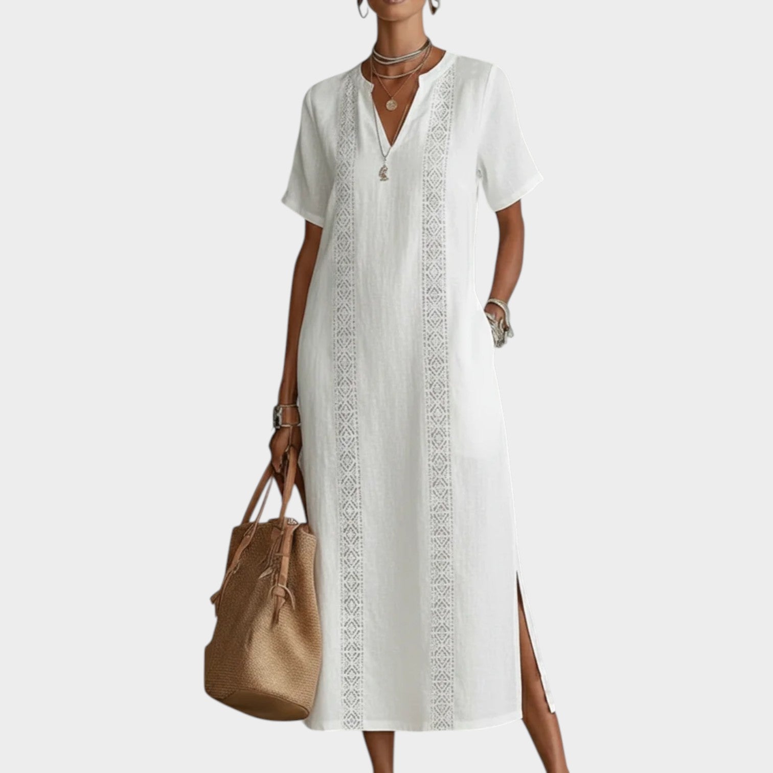 Embroidered V-Neck Midi Dress