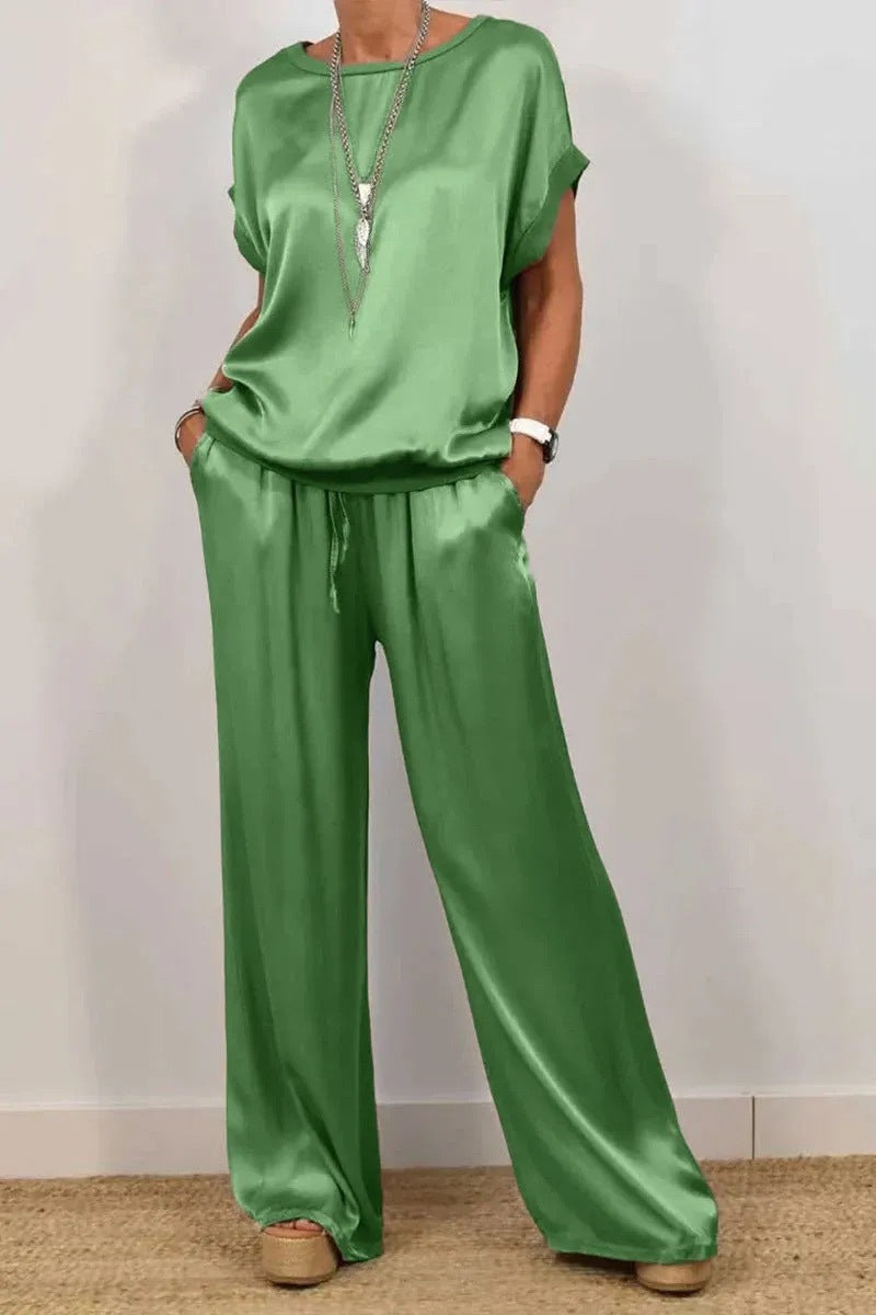 Women's Solid-Color Satin Casual Set: Short-Sleeve Top & Long Pants