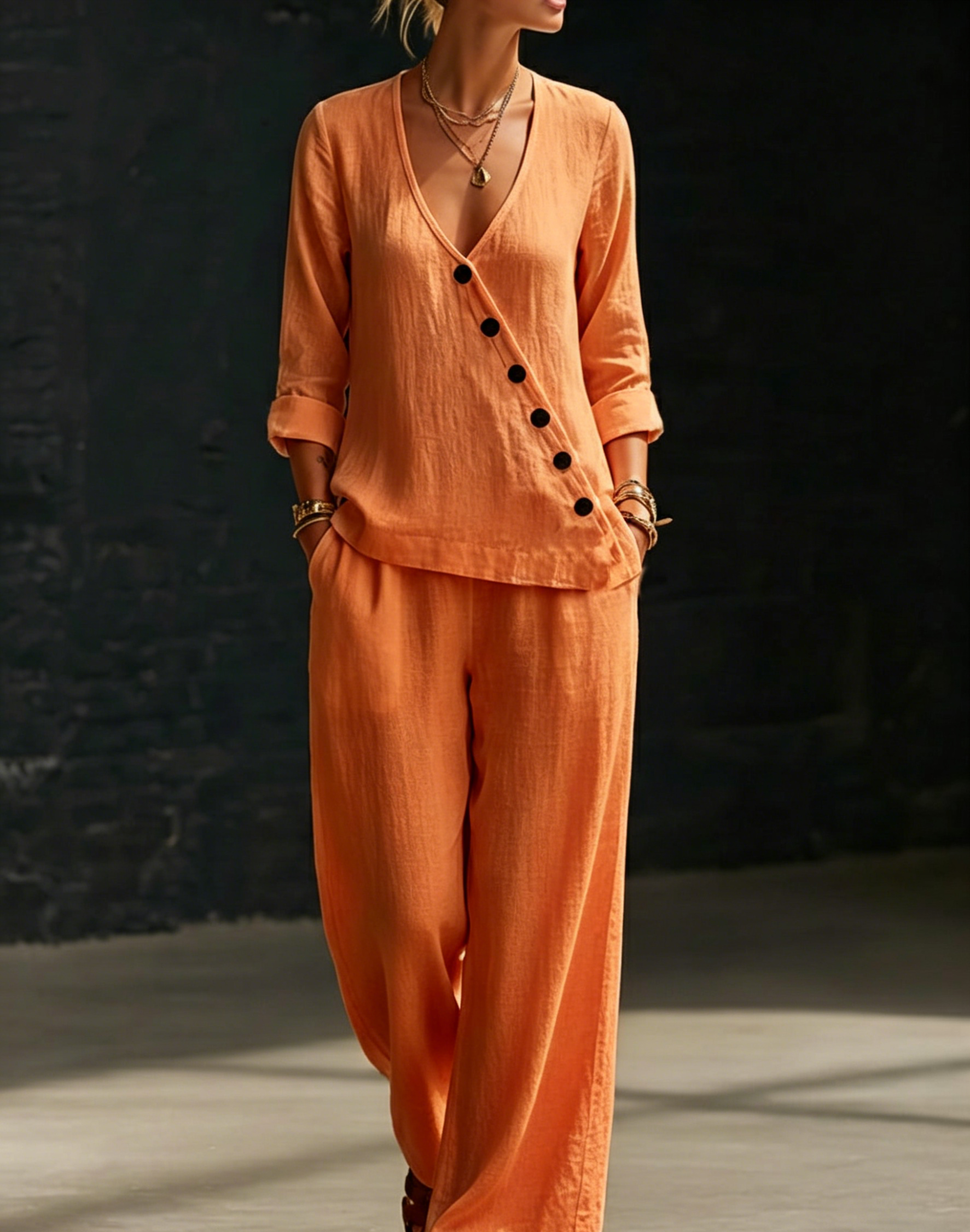 CLEARANCE SALE🔥 Minimalist V-neck Shirt And Wide-leg Pants Two-piece Set