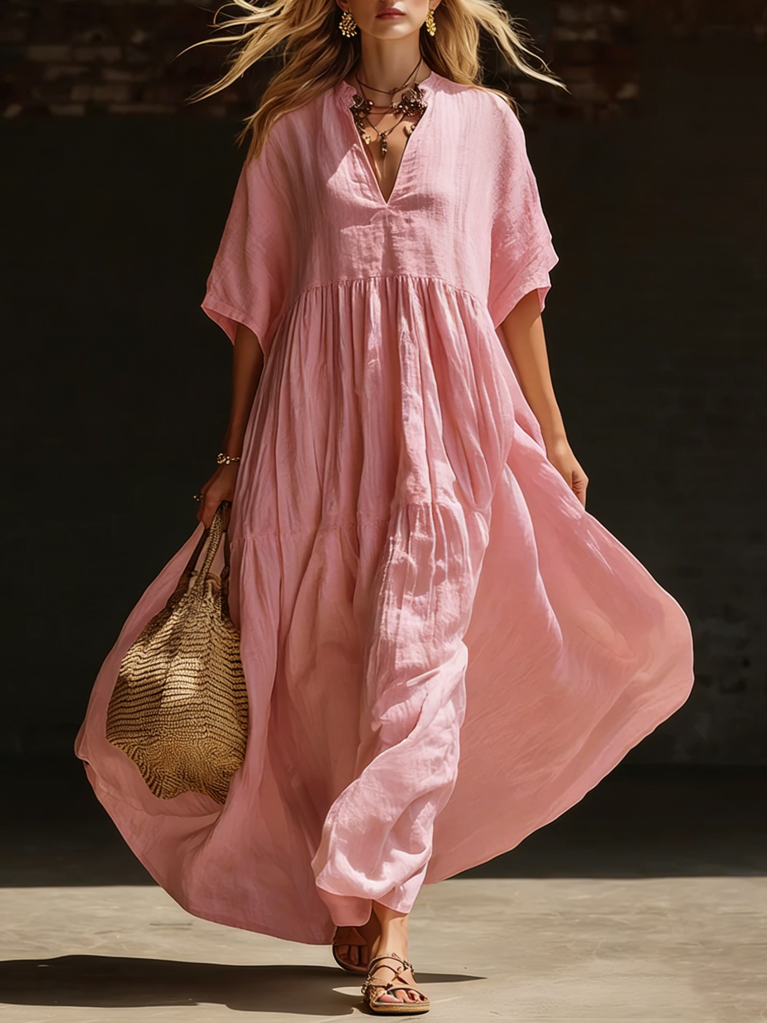 Cozy Vacation V-neck Loose Linen Cotton Maxi Dress