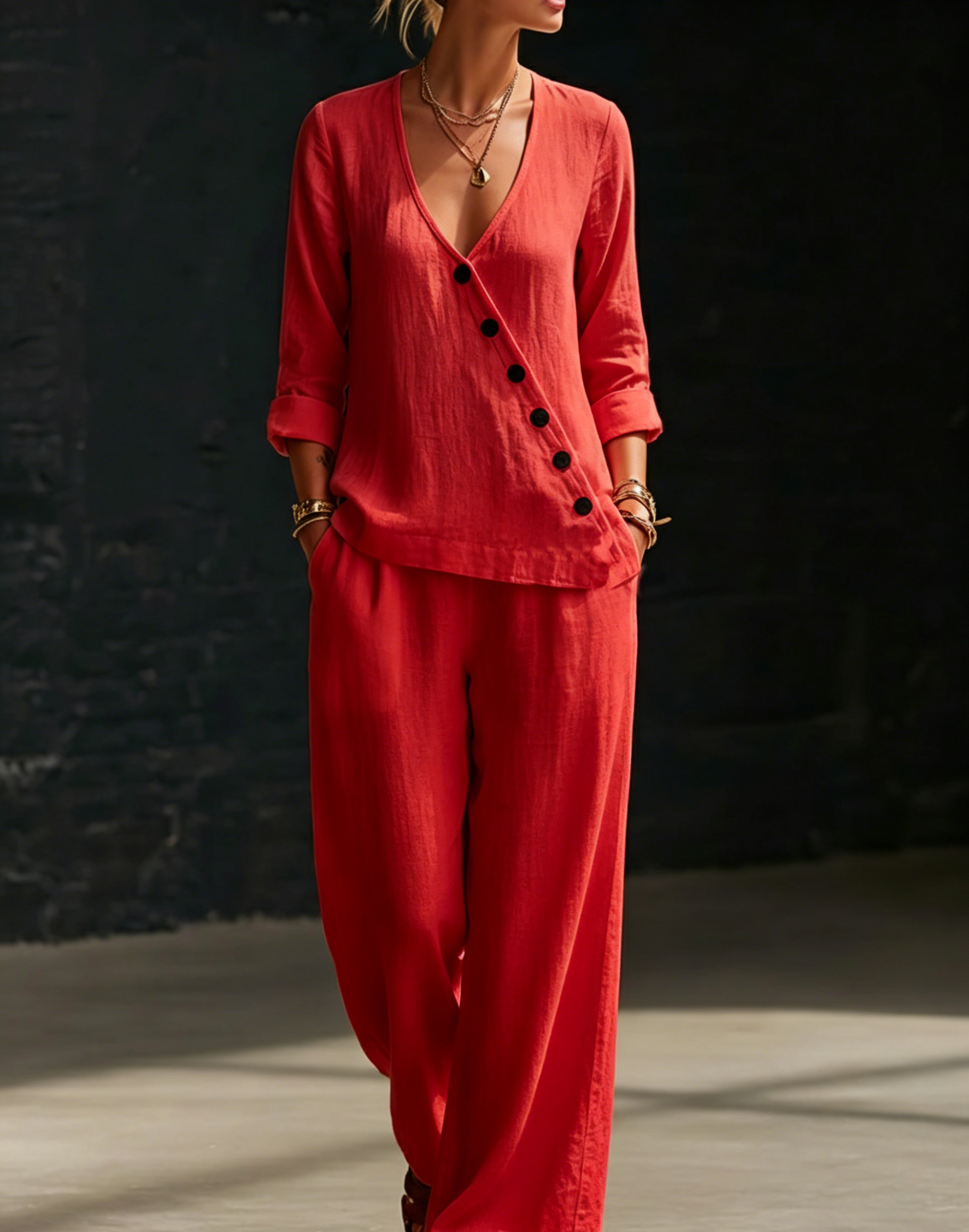 CLEARANCE SALE🔥 Minimalist V-neck Shirt And Wide-leg Pants Two-piece Set