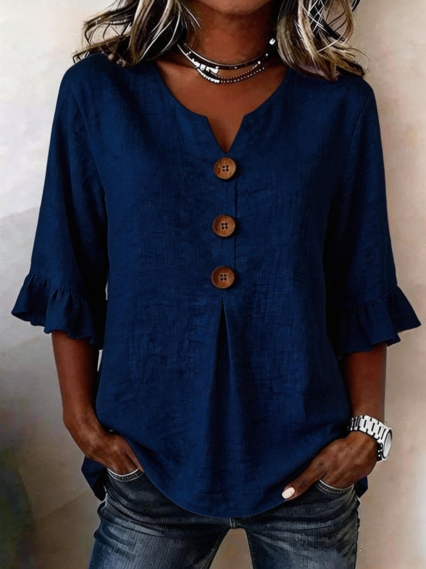 Linen Blouse with Ruffle Sleeves