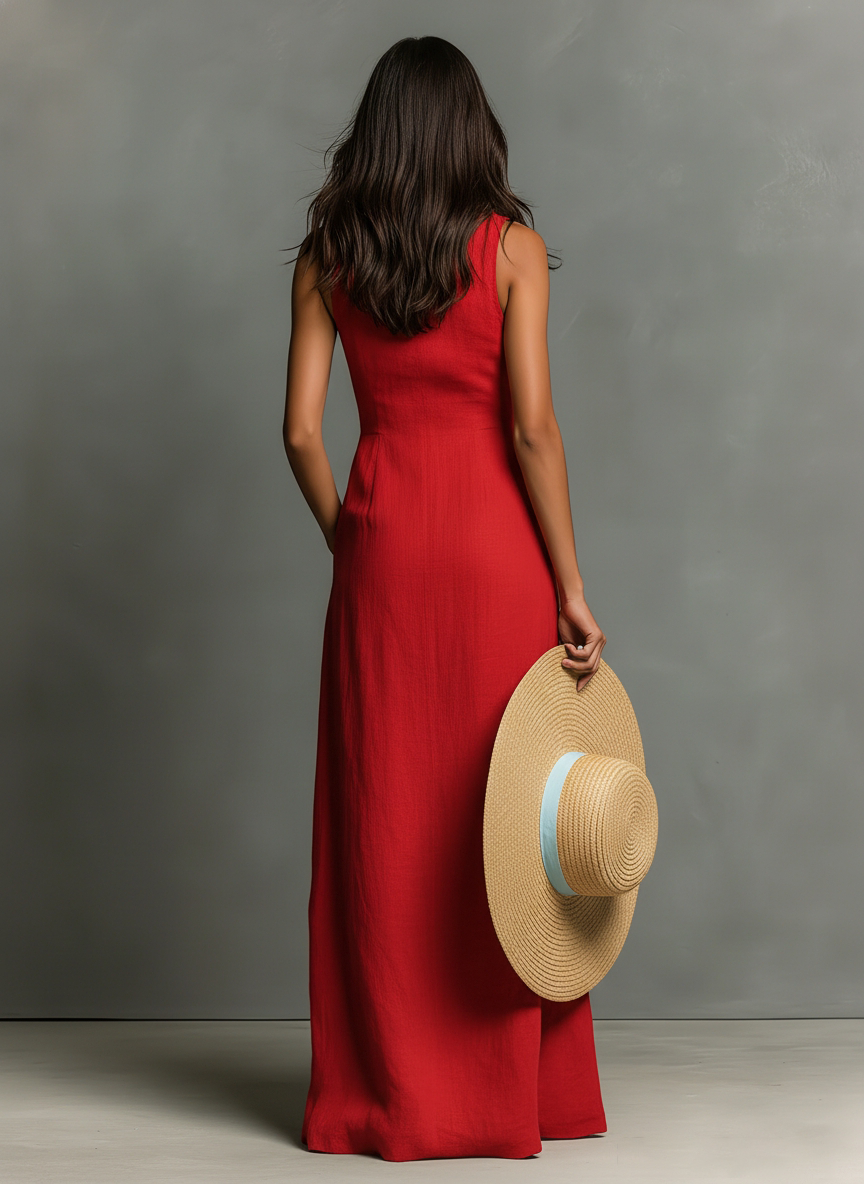 Women's Minimalist Linen-Blend Collared Single-Breasted Sleeveless Maxi Shirt Dress
