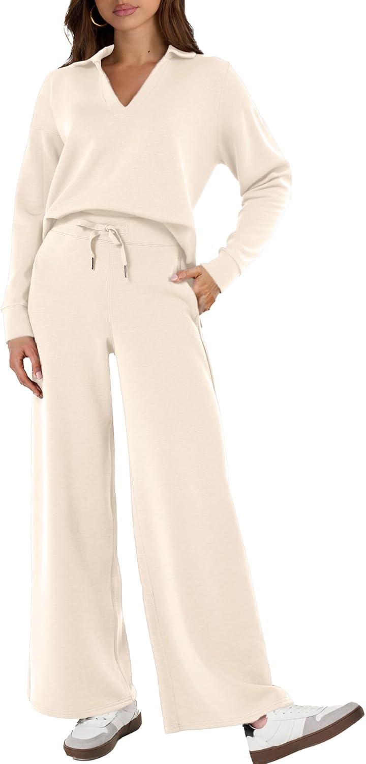 Glamaker Women's 2 Piece Sets Outfits Casual Long Sleeve Sweatsuits Polo Top and Wide Leg Pants Matching Sets