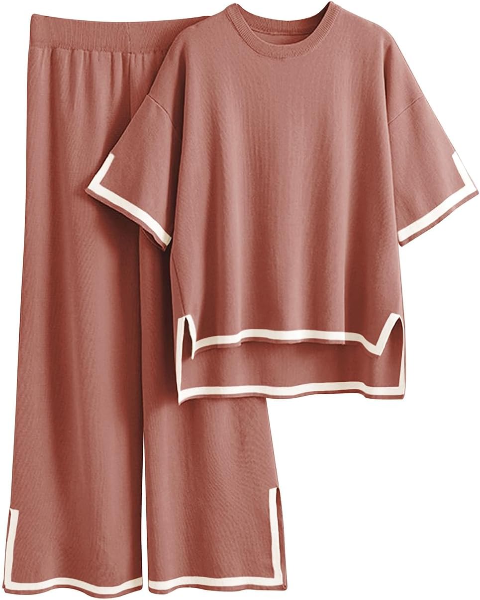 Famulily Women Tracksuits Crew Neck Color Blocked Knit Pullover Tops with High Waisted Wide Leg Pants Side Split Hem S-XL