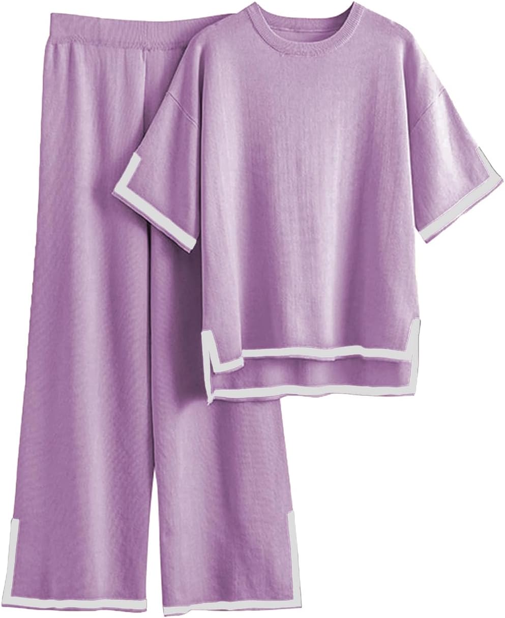 Famulily Women Tracksuits Crew Neck Color Blocked Knit Pullover Tops with High Waisted Wide Leg Pants Side Split Hem S-XL