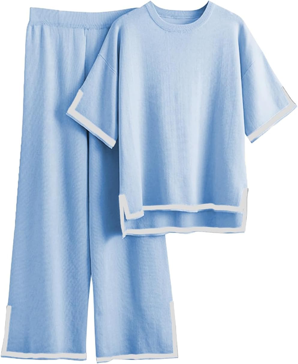 Famulily Women Tracksuits Crew Neck Color Blocked Knit Pullover Tops with High Waisted Wide Leg Pants Side Split Hem S-XL