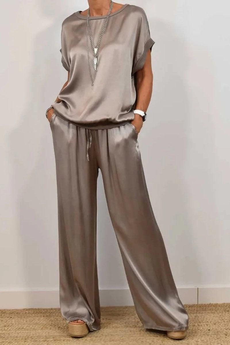 Women's Solid-Color Satin Casual Set: Short-Sleeve Top & Long Pants