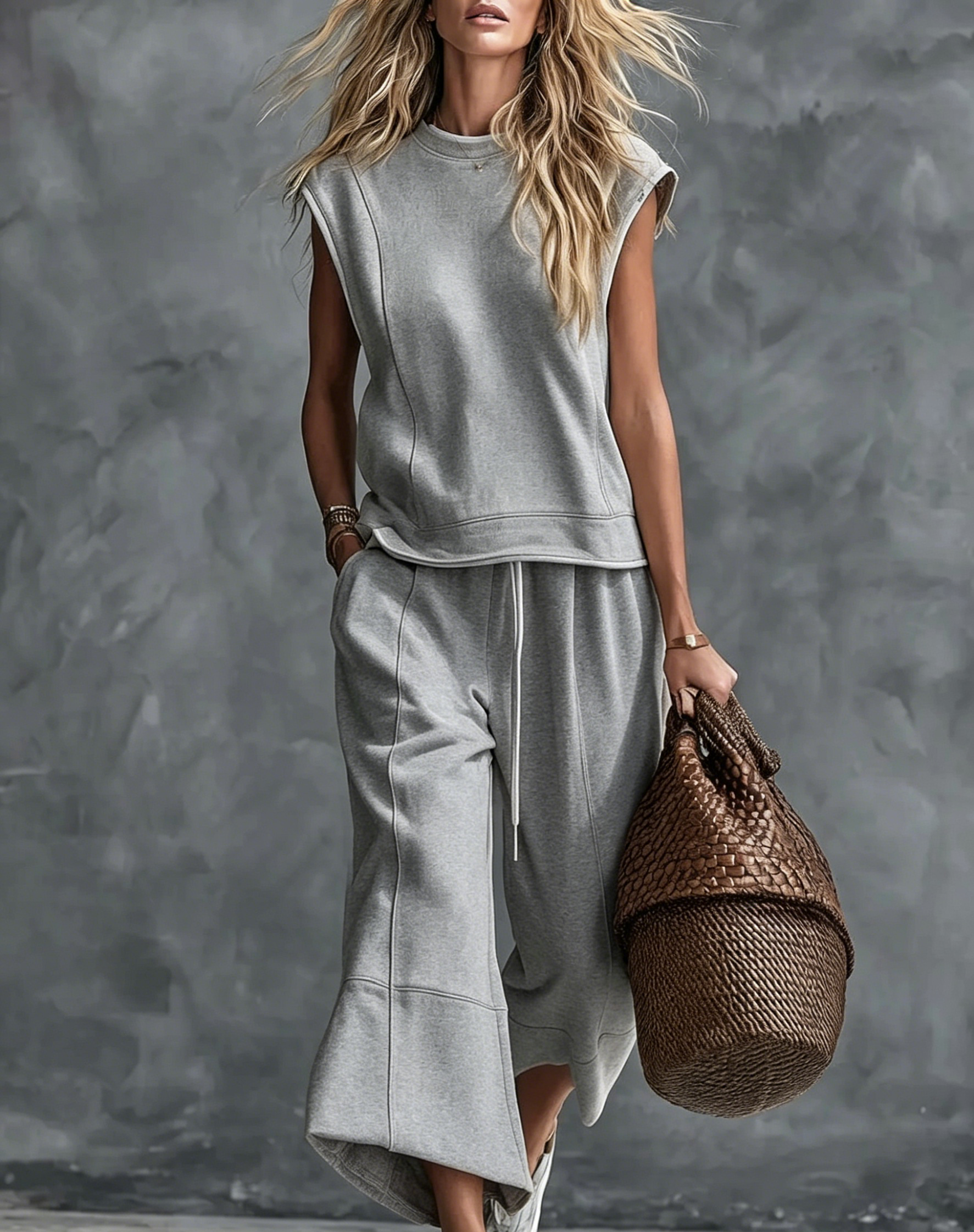 Retro-Casual Cotton Crew-Neck Top And Cropped Pants Set