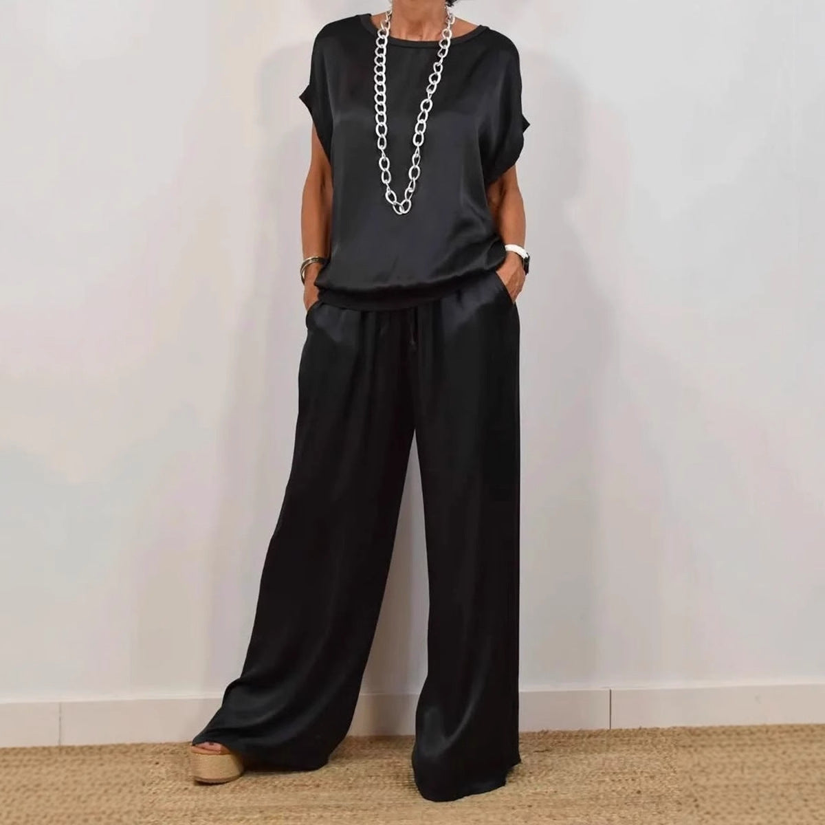 Women's Solid-Color Satin Casual Set: Short-Sleeve Top & Long Pants