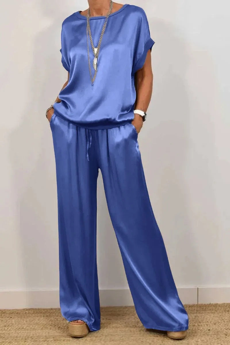 Women's Solid-Color Satin Casual Set: Short-Sleeve Top & Long Pants