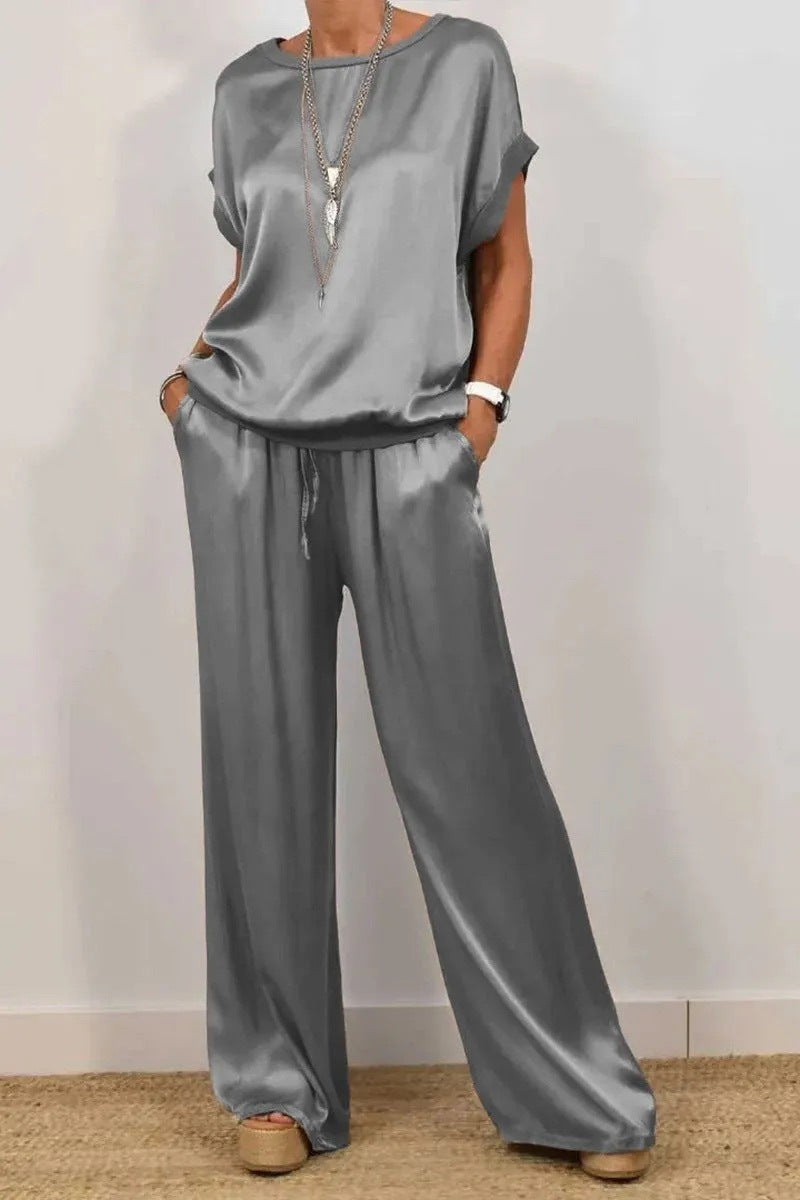 Women's Solid-Color Satin Casual Set: Short-Sleeve Top & Long Pants