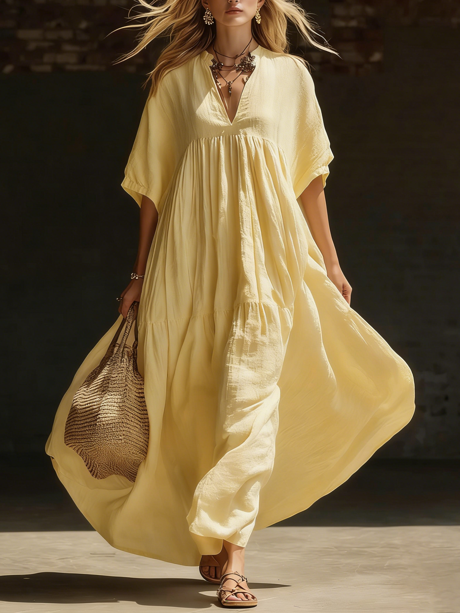 Cozy Vacation V-neck Loose Linen Cotton Maxi Dress