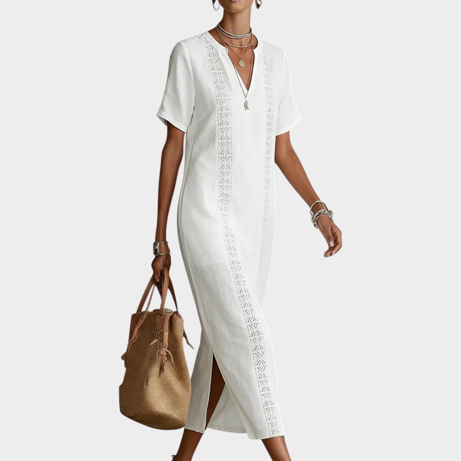 Embroidered V-Neck Midi Dress