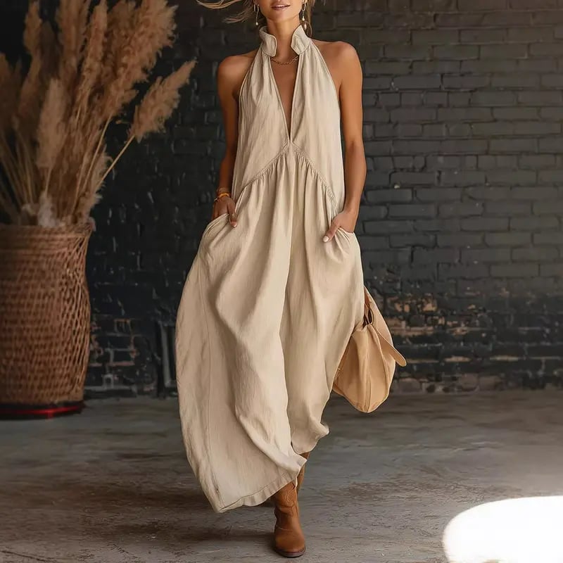🔥Hot Sale🔥2026 Minimalist Halter Neck Maxi Dress | Casual Loose Fit Summer Dress with Pockets for Women