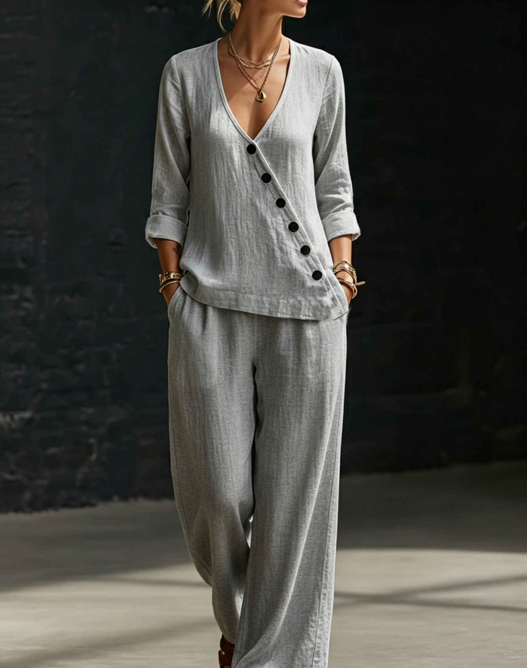 CLEARANCE SALE🔥 Minimalist V-neck Shirt And Wide-leg Pants Two-piece Set